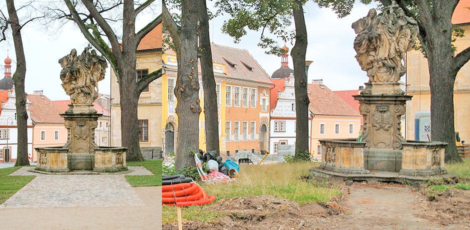 Obrázek dokumentující stav bezprostředního okolí barokního sousoší před a po rekonstrukci.