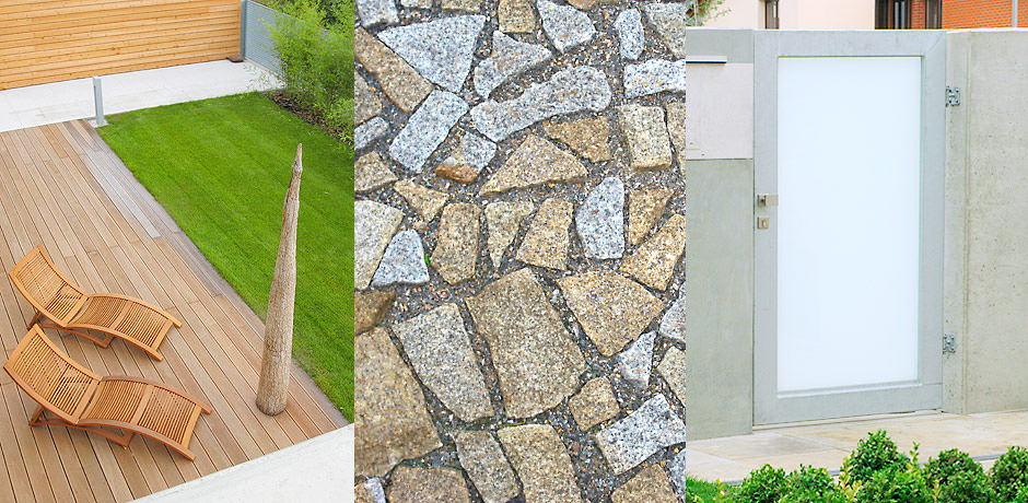 Detail moderních vstupních dveří. Detail kamenné dlažby.